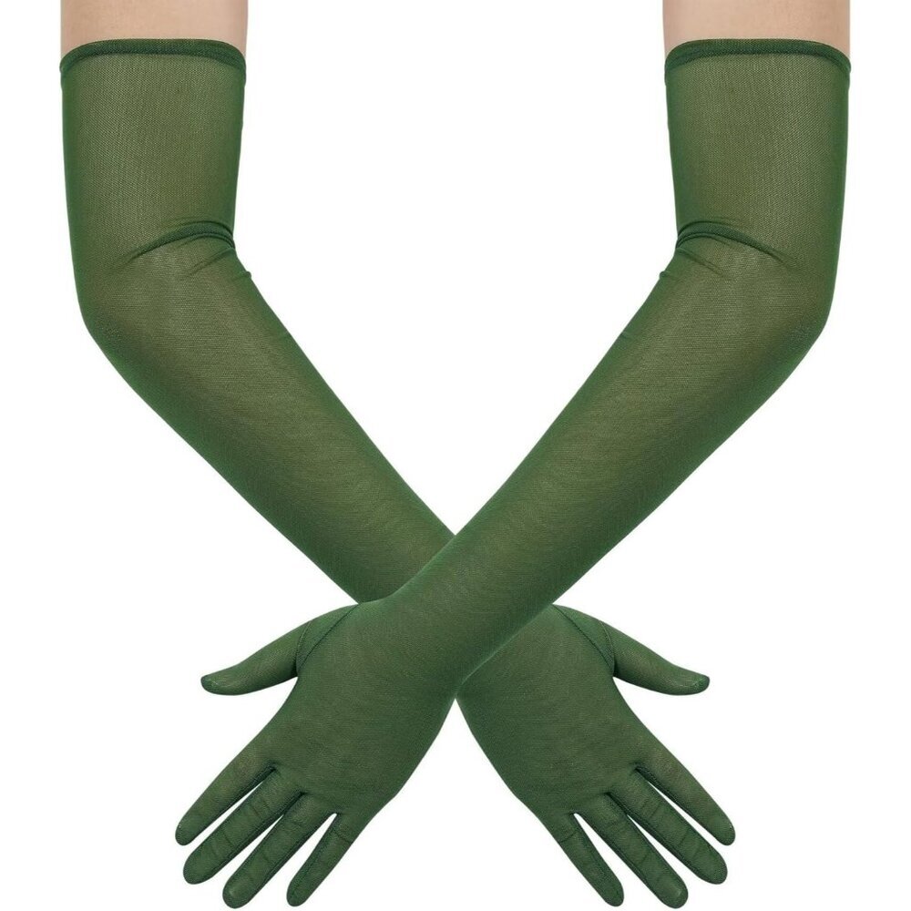 Women's Tulle Dark Green Long Stretchy Gloves Halloween Party Wedding Costume